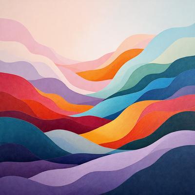 The primary subject of the image is a colorful landscape, featuring a mountain range with a variety of colors. The setting is a mountainous area with a blue sky in the background. The visual style is a combination of digital art and illustration, creating a vibrant and dynamic scene. The dominant colors in the image are blue, orange, and purple, giving the landscape a lively and energetic atmosphere.